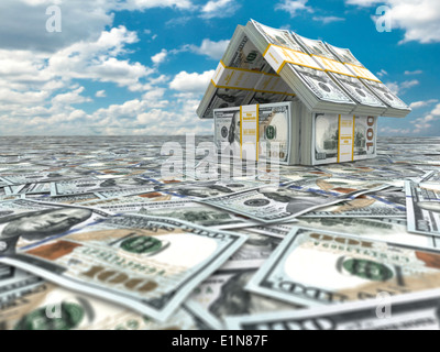 Bank. Haus aus dem Pack von Dollar auf Wolkengebilde. 3D Stockfoto