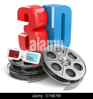 3D-Film-Konzept. Filmrollen und Gläser. Stockfoto