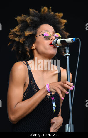 London England, 7. Juni 2014: Blutorange Preforms live beim Field Day Festival im Victoriapark in London. Stockfoto