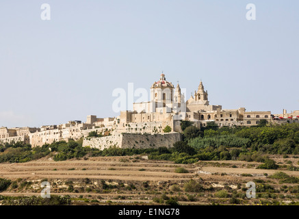 Blick von der alten ummauerten Stadt Mdina, ehemalige Hauptstadt von Malta mit Terrassenfeldern und blauer Himmel Stockfoto