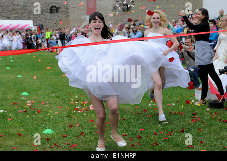 Narva, Estland. 7. Juni 2014. Frauen in Brautkleidern konkurrieren in einem jährlichen Runaway Brides-Wettbewerb in Narva, Estland, 7. Juni 2014. Insgesamt 73 verheiratet und single Frauen aus Estland und Rußland verkleidet als Bräute, die auf einem 50 Meter langen Grass Track hier am Samstag raste. Bildnachweis: Sergei Stepanov/Xinhua/Alamy Live-Nachrichten Stockfoto