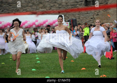 Narva, Estland. 7. Juni 2014. Frauen in Brautkleidern konkurrieren in einem jährlichen Runaway Brides-Wettbewerb in Narva, Estland, 7. Juni 2014. Insgesamt 73 verheiratet und single Frauen aus Estland und Rußland verkleidet als Bräute, die auf einem 50 Meter langen Grass Track hier am Samstag raste. Bildnachweis: Sergei Stepanov/Xinhua/Alamy Live-Nachrichten Stockfoto