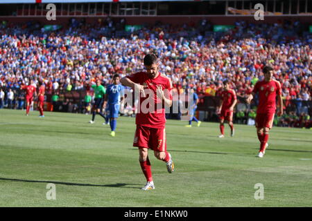 Washington, DC, USA. 7. Juni 2014. World Cup Soccer Aufwärmen zwischen Spanien und El Salvador. Spanien gewinnt 2-0, Tore von Spanien # 7 David Villa.David Villa feiert nach seinen ersten von zwei Tore erzielte. Bildnachweis: Khamp Sykhammountry/Alamy Live-Nachrichten Stockfoto