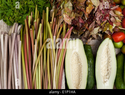 Papaya, Wasser Lilly Stiele und frisches Bio-Gemüse und Kräuter auf asiatischen Lebensmittelmarkt Stockfoto