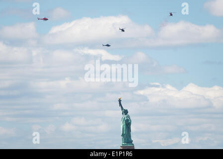New York City, USA. 6. Juni 2014. auf die Statue of Liberty im Rahmen des Gedenkens an den 70. Jahrestag des d-Day Invasion wurden 1 Million Rosenblättern überschüttet. New York City, USA, 6. Juni 2014. Bildnachweis: Eric Brown/Alamy Live-Nachrichten Stockfoto