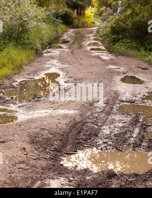 Beschädigte Landstraße mit Muds und Löcher Stockfoto