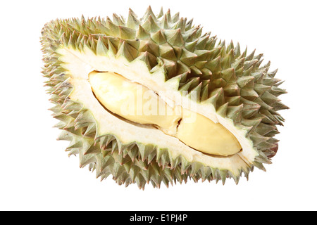 geschälte Durian isoliert auf weißem Hintergrund. Stockfoto