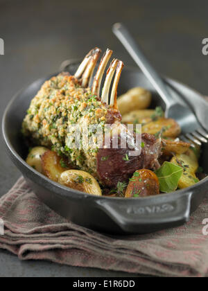 Lende vom Lamm in Kräuterkruste mit Grenaille-Kartoffeln Stockfoto