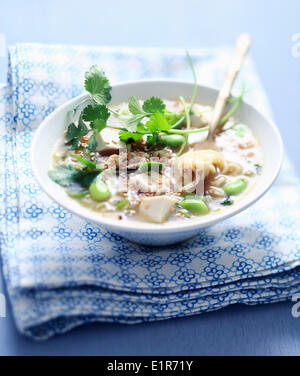 Soba Nudeln Brühe mit Tofu, Bohnen und Sesam Stockfoto