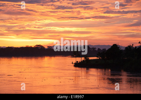 Goldener Sonnenuntergang über peruanischen Amazonas-Dschungel Stockfoto