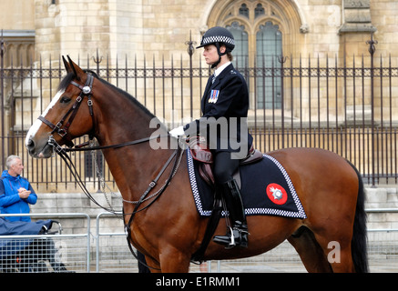 London, England, Vereinigtes Königreich. Berittene Polizistin an der Zustand-Öffnung des Parlaments 4. Juni 2014 Stockfoto