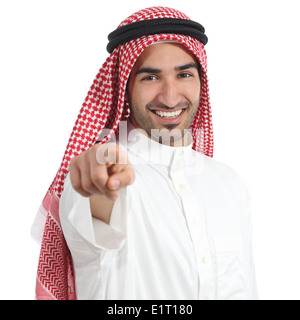 Saudi arabische Emirate Mann zeigte Sie in die Kamera auf einem weißen Hintergrund isoliert Stockfoto