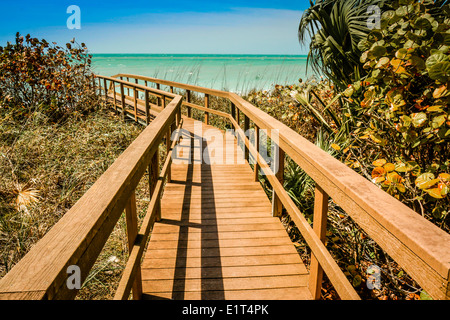 Sehr schön bewachsener tropischer Vegetation dividiert durch eine hölzerne Strand Gehweg zum Wasser Stockfoto