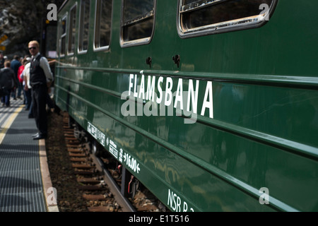 Flamsbana Eisenbahnwagen in Wasserfall Kjosfossen Norwegen Stockfoto