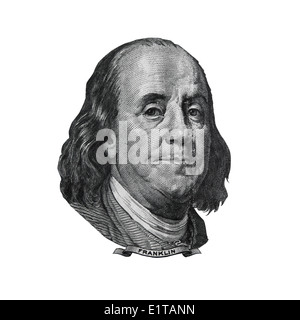 Benjamin Franklin aus USA hundert Dollar Bill ausgeschnitten. Porträt von amerikanischer Staatsmann, Erfinder und Diplomat. Stockfoto