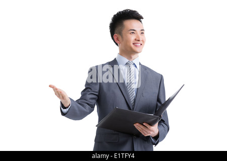 Junger Geschäftsmann hält eine Rede Stockfoto