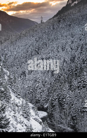 Blick auf Berge und Stream bei Sonnenaufgang im Winter in Manning Provincial Park in British Columbia, Kanada. Stockfoto