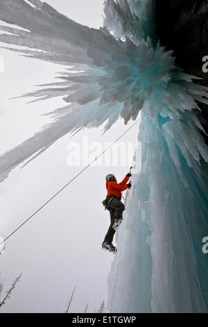 Junger Mann Eisklettern im Banff National Park in der Nähe von Banff, Alberta, Kanada. Stockfoto