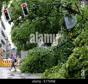 Düsseldorf, Deutschland. 10. Juni 2014. Eine verbeulte Reihe von Ampel ist neben angedockten Bäume am Hofgarten in Düsseldorf, 10. Juni 2014 abgebildet. Der schwerste Sturm in Nordrhein-Westfalen im Jahre beschädigt viele Autos und Häuser. Bildnachweis: Dpa picture Alliance/Alamy Live News Stockfoto