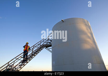 Öl-Industrie Arbeiter auf Storage Tank-Plattform am Telefon sprechen. Stockfoto