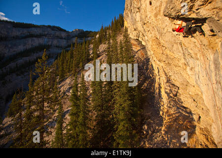 Ein Mann klettert die Sport-Route Feuer am Himmel 12 b bei Sonnenuntergang, Echo Canyon, Canmore, Alberta, Kanada Stockfoto