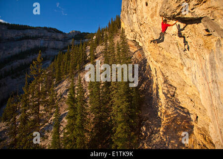 Ein Mann klettert die Sport-Route Feuer am Himmel 12 b bei Sonnenuntergang, Echo Canyon, Canmore, Alberta, Kanada Stockfoto