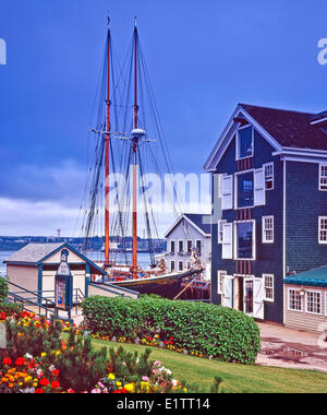 Großsegler Bluenose-II am Hotelinfrastrukturen im Hafen von Halifax, Nova Scotia, Kanada Stockfoto