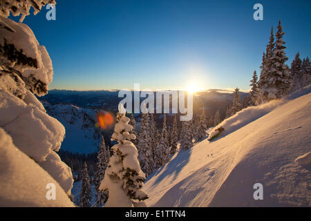 Eine männliche Snowboarder bekommen einige Sonnenuntergang verwandelt sich beim Splitboarding in Revelstoke Mountain Resort Backcountry, Revelstoke, BC Stockfoto