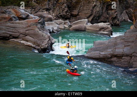 Eine Gruppe von Kajakfahrer Kopf in die Schlucht auf dem Fraser River, Mt Robson Provinical Park, BC Stockfoto