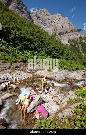 Zwei junge Familien ruhen im Stream auf Mountain Lakes Trail in der Nähe von Fernie, BC, Kanada. Stockfoto