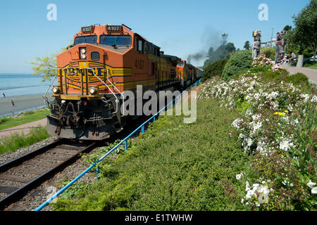 BNSF Kohle Zug in White Rock, BC, Kanada. Stockfoto