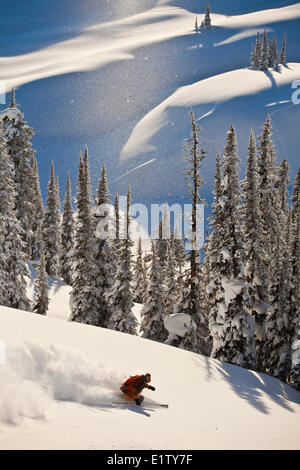 Ein Mann Skifahren Tiefschnee während Skitouren am Sol Berg, Monashee Backcountry, Revelstoke, BC Stockfoto