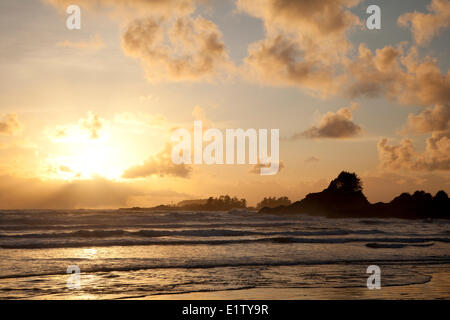 Sunset Point bei Sonnenuntergang in Cox Bay beach in der Nähe von Tofino British Columbia Kanada auf Vancouver Island im Clayoquot Sound UNESCO Stockfoto