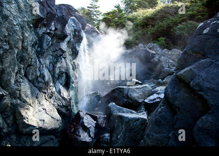 Die dampfenden natürliche heiße Mineralquellen in Hot Springs Cove in Maquinna Provincial Park auf Vancouver Island in der Nähe von Tofino Stockfoto