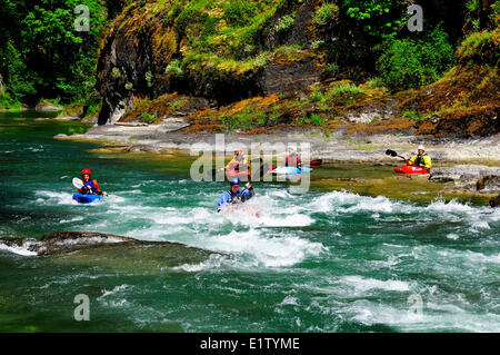 Kajakfahrer in der Nähe ein Wirbel in der Nähe von Horseshoe Bend auf dem Cowichan River in der Nähe von Lake Cowichan, BC. Stockfoto