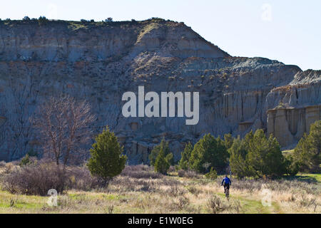 Ein männliche Mountainbiker genießt die schönen Singletrails von Maah Daah Hey Trail, North Dakota Stockfoto