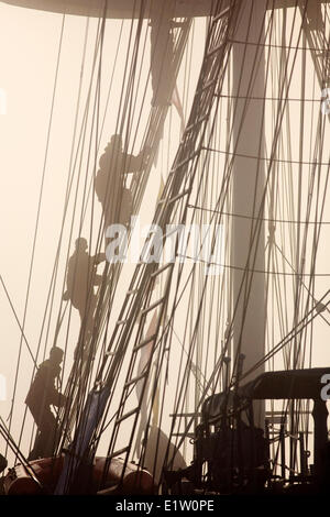 Matrosen steigen Takelage auf INS Tarangini im Hafen von Halifax im Jahr 2007 Tall Ships Festival in Halifax, Nova Scotia. Stockfoto