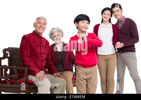 Glückliche Familie Gruß für Chinese New Year Stockfoto