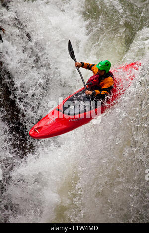 Eine männliche Kajakfahrer Fallenlassen eines Wasserfalls auf Johnston Canyon, Banff National Park, AB Stockfoto