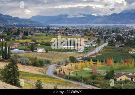 Blick auf Häuser, Weinberge und Skaha Lake in Penticton, Okanagan Valley, British Columbia, Kanada. Stockfoto