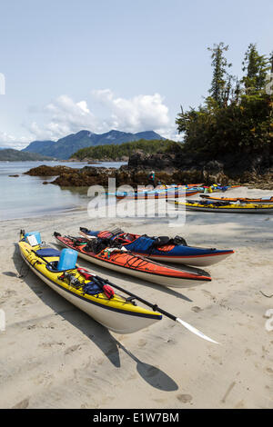 Eine Gruppe von Kajakfahrer kommen bei Rosa Insel im Nutchatlitz Provincial Park an der Westküste von British Columbia, Kanada. Stockfoto