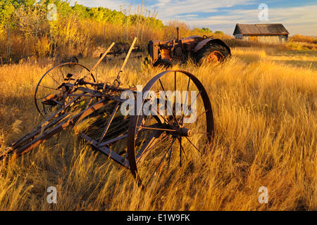 Alte Landmaschinen auf Gehöft, Baljennie, Saskatchewan, Kanada Stockfoto