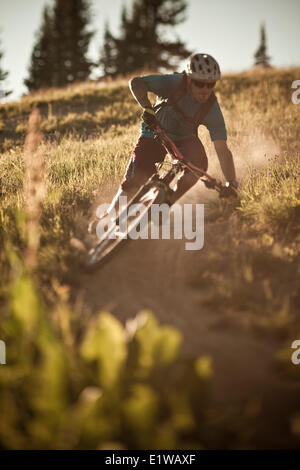 Ein männliche Mountainbiker reitet der 401 Trail, Crested Butte, CO Stockfoto