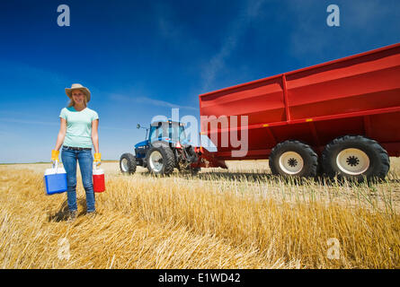 ein Bauernmädchen stehend in Hafer Stoppeln vor einem Traktor und Getreide Wagen während der Ernte, in der Nähe von Dugald, Manitoba, Kanada Stockfoto