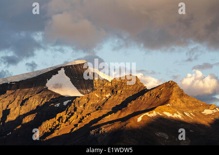 Die untergehende Sonne beleuchtet eine Spitze erhebt sich über Wilcox Pass in Jasper Nationalpark, Alberta, Kanada. Stockfoto