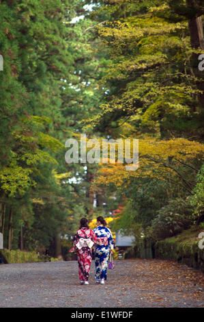 Zwei Japanerinnen in Kimonos, die zu Fuß in einer Gasse in Nikko, Japan Stockfoto