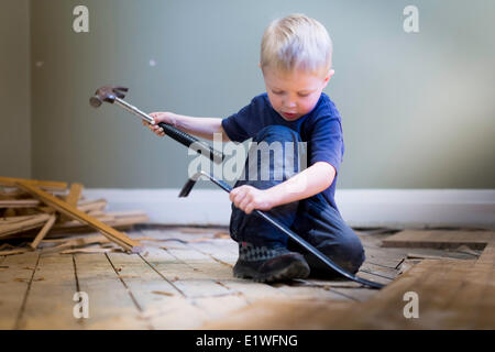 Kleiner Junge Tischler mit einem Hammer und Hartholz Boden zu spielen. Stockfoto