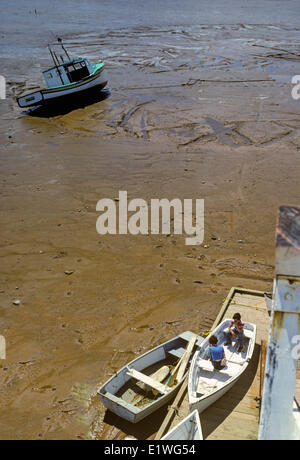 Junge Burschen in Holz Dory bei Ebbe, Lorenville, Bay Of Fundy, New Brunswick, Kanada Stockfoto