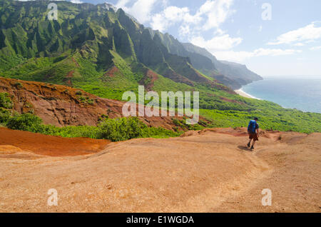 Ein einsamer männlichen Wanderer, Abstieg zum Kalalau Strand auf dem Kalalau Trail, Kaua'i Stockfoto