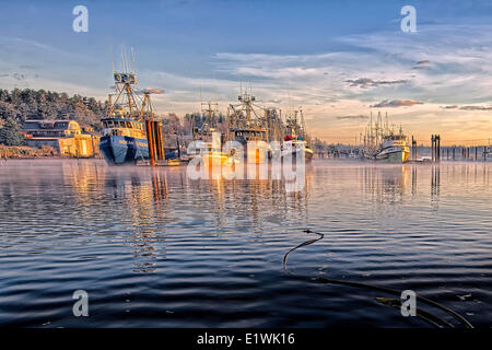 Masset BC-Haida Gwaii-Nebel kommen aus dem Wasser im Hafen, schöner Tag als die Sonne aufgeht Stockfoto